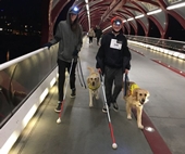 Gabe Pigeon and Zach Abdalla walking with their canes and dogs across the Calgary Peace bridge